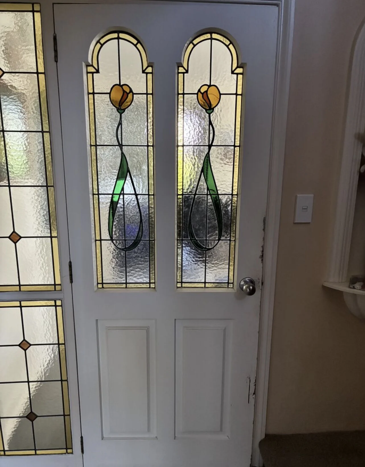 Restored villa door with stained glass in Christchurch
